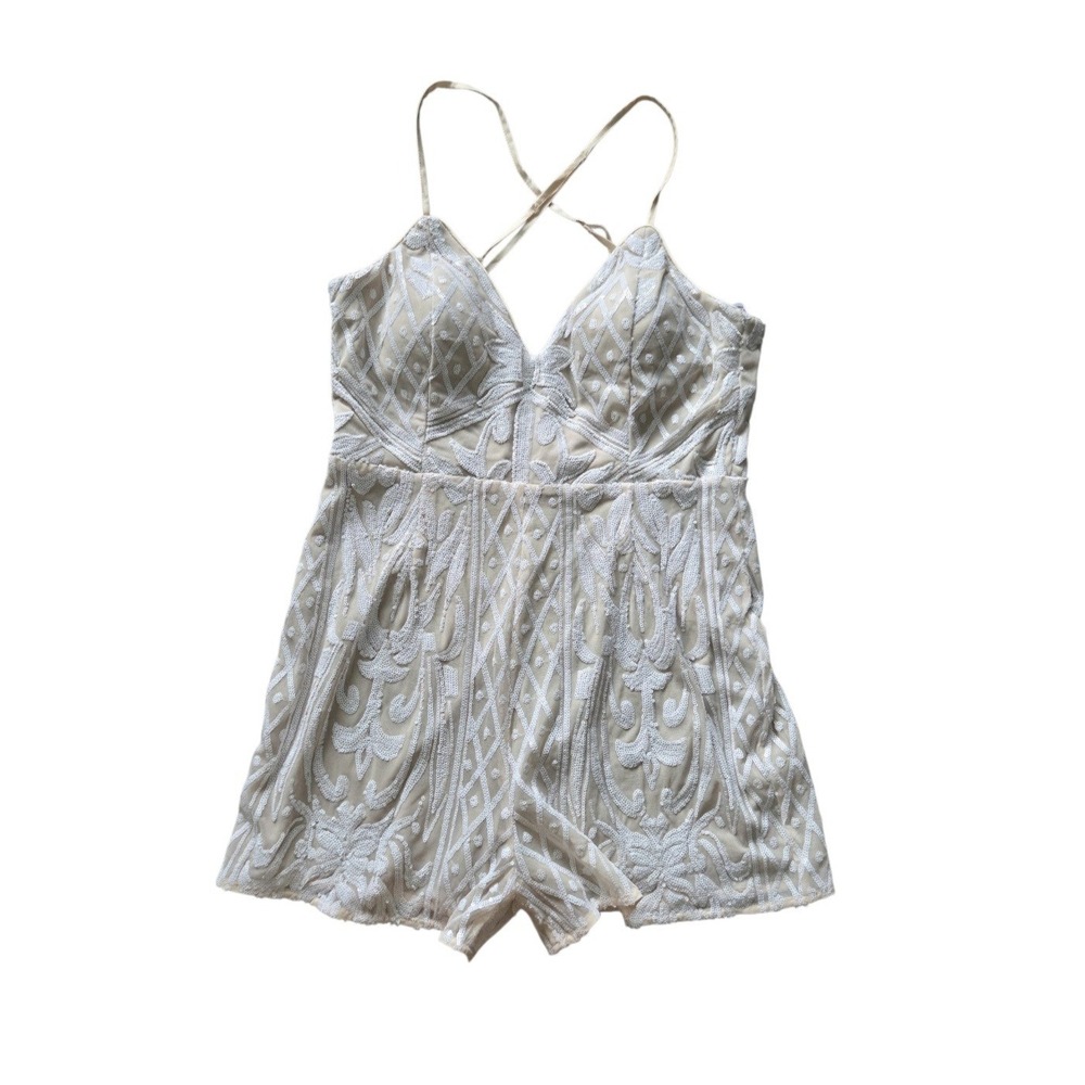 Lulus Catch a Spark White Beige Sequin Romper XL Glam Date V-neck Disco NEW